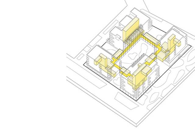Isometrische Architekturzeichnung eines Gebäudekomplexes mit Innenhof, in der obere Stockwerke und Verbindungswege gelb markiert sind.