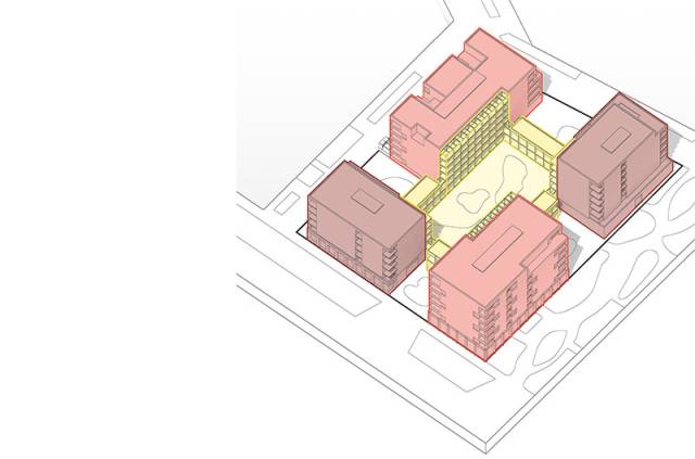 Isometrische Architekturzeichnung eines Gebäudekomplexes mit vier rötlichen Blöcken und gelben Verbindungselementen rund um einen zentralen Innenhof.