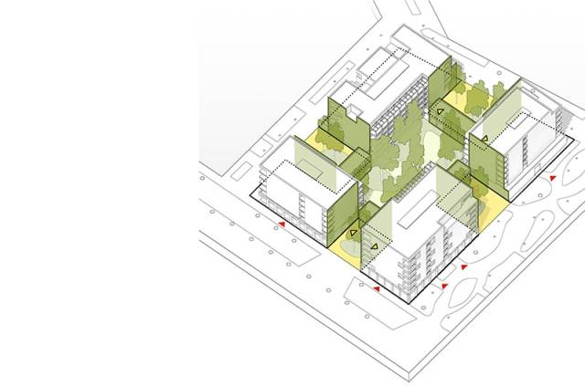 Isometrische Architekturdarstellung eines modernen Gebäudekomplexes mit begrüntem Innenhof, Bäumen und farblich hervorgehobenen Fassadenelementen.